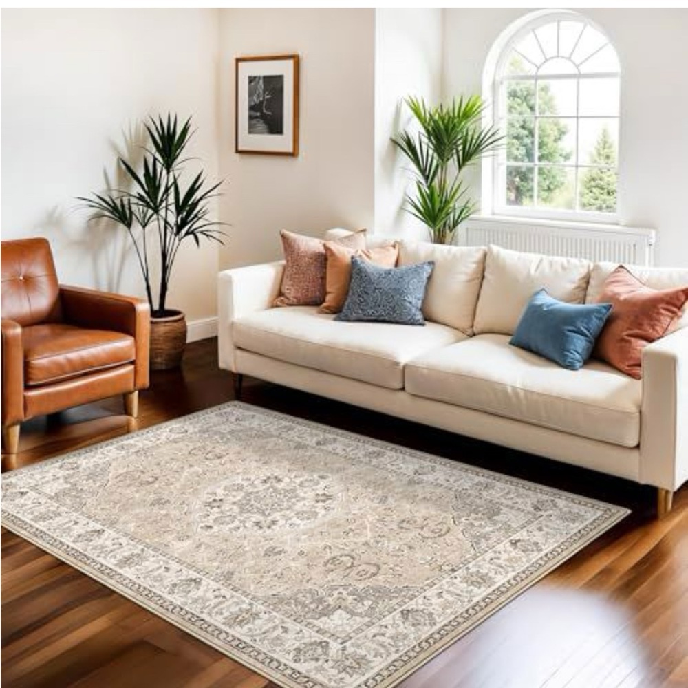 Neutral Classic Area Rug - Beige Floral Medallion